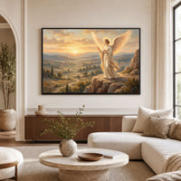 Majestic Angel Sunset Oil Painting Style Canvas Print Wall Art for Serene Home Decor - Mockup Display 9