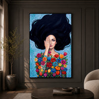 Vibrant Floral Woman Oil Painting Style Canvas Print Wall Art, Expressive Decor - Mockup Display 9