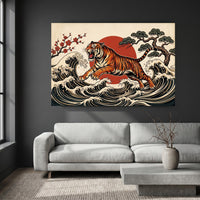 Dynamic Japanese Ukiyo-e Tiger Waves & Sun Canvas Print Wall Art, Zen Decor - Mockup Display 9