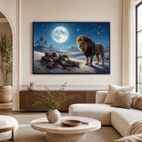 Desert Night Lion and Sleeping Man Oil Painting Style Canvas Print Wall Art - Mockup Display 9