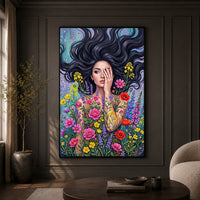 Mystic Woman Floral Canvas Print Wall Art with Flowing Hair, Vibrant Garden Style - Mockup Display 9
