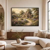 Charming English Cottage Garden Oil Painting Style Canvas Print Wall Art, Rustic Charm - Mockup Display 9