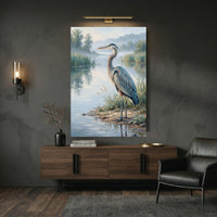 Great Blue Heron Oil Painting Style Canvas Print Wall Art, Serene Waterside Decor - Mockup Display 9