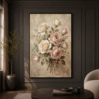 Romantic Blush & Cream Roses Oil Painting Style Canvas Print Wall Art, Elegant Home Decor - Mockup Display 9