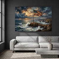 Dramatic American Flag on Rocky Coast Oil Painting Style Canvas Print Wall Art - Mockup Display 9