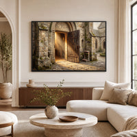 Ancient Church Entrance Sunlit Path Oil Painting Style Canvas Print Wall Art - Mockup Display 9