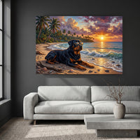 Rottweiler Dog Tropical Beach Sunset Oil Painting Style Canvas Print Wall Art Décor - Mockup Display 9