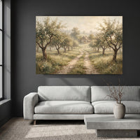 Misty Orchard Path Oil Painting Style Canvas Print Wall Art, Serene Landscape - Mockup Display 9