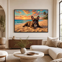 Cool French Bulldog Sunset Beach Oil Painting Style Canvas Print Wall Art for Dog Lovers - Mockup Display 9