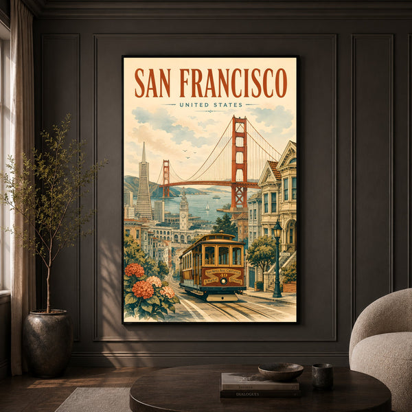 Vintage San Francisco Cityscape Cable Car Canvas Print Wall Art Decor - Mockup Display 7
