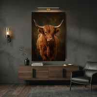 Majestic Highland Cow Portrait Oil Painting Style Canvas Print Wall Art, Rustic Farmhouse Decor - Mockup Display 9