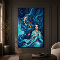 Mystical Asian Woman Koi Fish Oil Painting Style Canvas Print Wall Art, Elegant Decor - Mockup Display 9