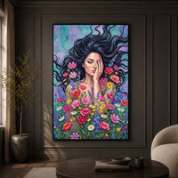 Woman in Wildflowers Oil Painting Style Canvas Print Wall Art with Vibrant Hues - Mockup Display 9