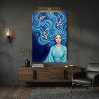 Serene Asian Woman with Flowing Blue Hair & Koi Fish Canvas Print Wall Art - Mockup Display 9