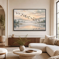Serene Cranes Flying Oil Painting Style Canvas Print Wall Art for Tranquil Decor - Mockup Display 9