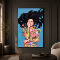 Enchanting Floral Woman Illustration Canvas Print Wall Art, Serene Beauty - Mockup Display 9