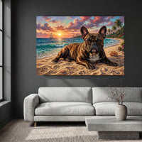 French Bulldog in Glasses on Tropical Sunset Beach Oil Painting Style Canvas Print Wall Art - Mockup Display 9