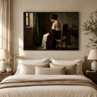 Contemplative Woman in Red Shawl, Classical Oil Painting Style Canvas Print Wall Art, Elegant. - Mockup Display 9