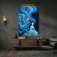 Mythical Woman Koi Fish Oil Painting Style Canvas Print Wall Art, Zen Decor - Mockup Display 9