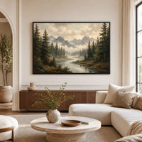 Serene Mountain Forest River Oil Painting Style Canvas Print Wall Art Décor - Mockup Display 9