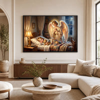 Guardian Angel Watching Child Oil Painting Style Canvas Print Wall Art, Serene Home Decor - Mockup Display 9