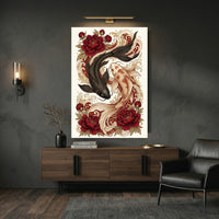 Yin Yang Koi Fish Peony Japanese Art Style Canvas Print Wall Art, Elegant Decor - Mockup Display 9