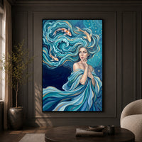 Mystical Water Woman with Koi Fish Oil Painting Style Canvas Print Wall Art Serene - Mockup Display 9