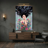 Mystical Woman with Vibrant Flowers Artistic Canvas Print Wall Art, Dreamy Portrait - Mockup Display 9
