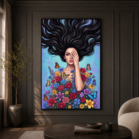 Vibrant Pop Art Woman with Flowers & Butterflies Canvas Print Wall Art Décor - Mockup Display 9