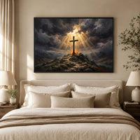 Dramatic Cross on Hill Oil Painting Style Canvas Print Wall Art, Spiritual Light - Mockup Display 9