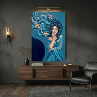 Mystical Woman & Koi Fish Oil Painting Style Canvas Print Wall Art, Serene Decor - Mockup Display 9