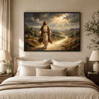 Jesus Walking Path Oil Painting Style Canvas Print Wall Art, Divine Light - Mockup Display 9