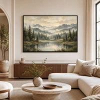 Misty Mountain Lake Landscape Oil Painting Style Canvas Print Wall Art, Rustic Decor - Mockup Display 9