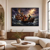 Biblical Jesus Calming Storm Oil Painting Style Canvas Print Wall Art, Religious - Mockup Display 9