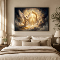 Radiant Angel at Golden Gates Divine Fantasy Canvas Print Wall Art, Heavenly Decor - Mockup Display 9