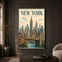 New York City Vintage Illustration Skyline Brooklyn Bridge Canvas Print Wall Art, Iconic - Mockup Display 8