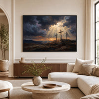 Three Crosses Hill Oil Painting Style Canvas Print Wall Art, Dramatic Scene - Mockup Display 9