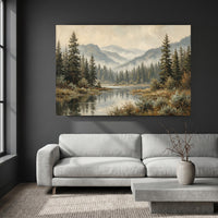 Serene Forest Lake Landscape Oil Painting Style Canvas Print Wall Art, Tranquil View - Mockup Display 9