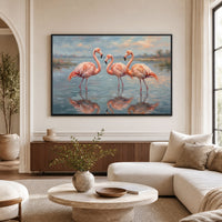 Three Pink Flamingos Oil Painting Style Canvas Print Wall Art, Serene Decor - Mockup Display 9