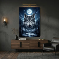 Mystical Blue-Eyed Wolf & Winter Moonlight Forest Canvas Print Wall Art Decor - Mockup Display 9