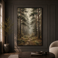 Misty Pine Forest Pathway Oil Painting Style Canvas Print Wall Art, Serene Decor - Mockup Display 9