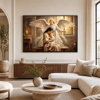 Guardian Angel Protecting Mother and Child Oil Painting Style Canvas Print Wall Art, Serene - Mockup Display 9