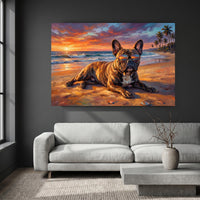 French Bulldog Sunset Beach Oil Painting Style Canvas Print Wall Art, Vibrant - Mockup Display 9
