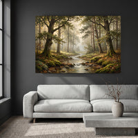Serene Misty Forest Stream Realistic Canvas Print Wall Art, Nature Landscape Decor - Mockup Display 9