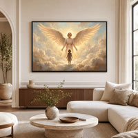 Serene Angel and Child Oil Painting Style Canvas Print Wall Art, Inspiring Divine Glow - Mockup Display 9