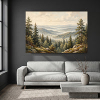 Misty Forest Landscape Oil Painting Style Canvas Print Wall Art, Serene Hills - Mockup Display 9