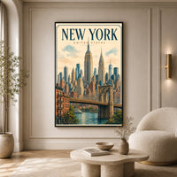New York City Vintage Illustration Skyline Brooklyn Bridge Canvas Print Wall Art, Iconic - Mockup Display 9