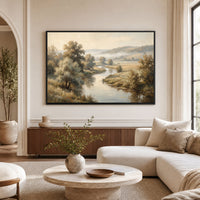 Serene Misty River Landscape Oil Painting Style Canvas Print Wall Art, Nature Decor - Mockup Display 9