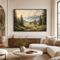 Misty Mountain Valley Cabin Oil Painting Style Canvas Print Wall Art Scenic Decor - Mockup Display 9