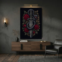 Intricate Dark Fantasy Snake & Dagger Roses Canvas Print Wall Art, Ornate Elegance - Mockup Display 9